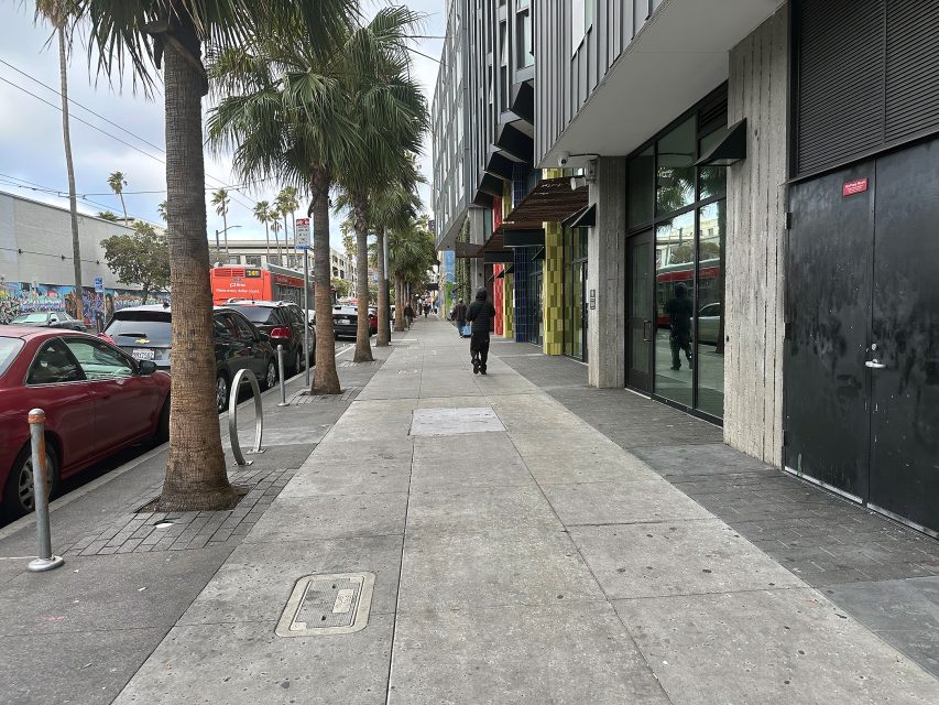 A city sidewalk lined with parked cars, palm trees, and modern buildings; one person walks away from the camera in the center.