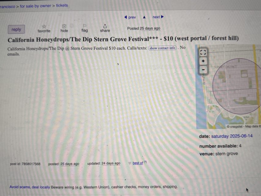 Screenshot of a Craigslist post offering tickets to California Honeydrops/The Dip at Stern Grove Festival for $10, including event details and a map on the right.