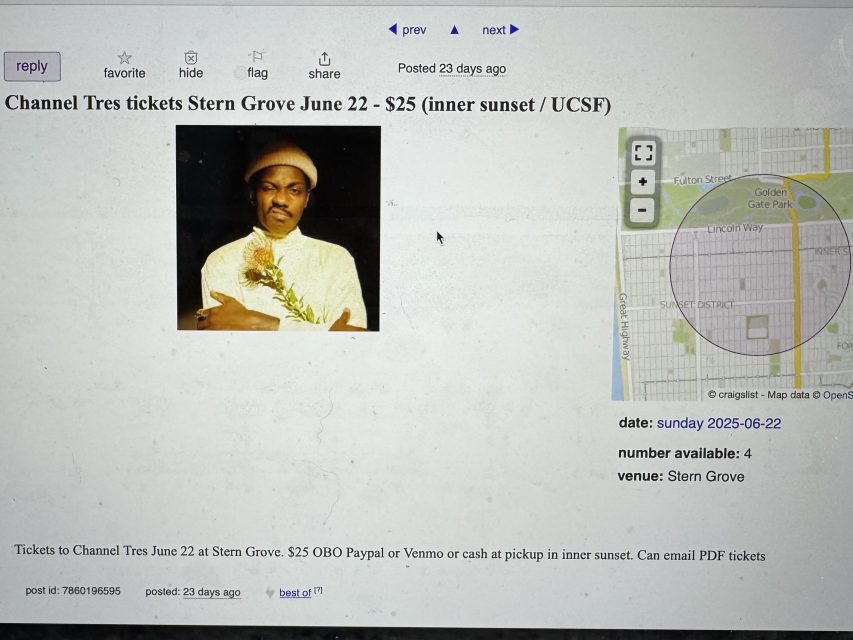 Screenshot of an online listing for Channel Tres tickets at Stern Grove on June 22, with event details, a photo of Channel Tres holding a flower, and a map of the event location.