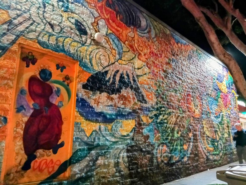 Colorful mural featuring abstract patterns and a figure in a red dress on a brick wall at night, partially illuminated by streetlights and shaded by a tree.