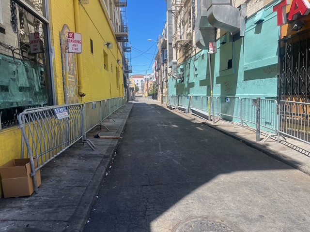 A narrow urban alleyway with metal barricades along both sides, yellow and green painted buildings, and a "No Parking Any Time" sign on the left.