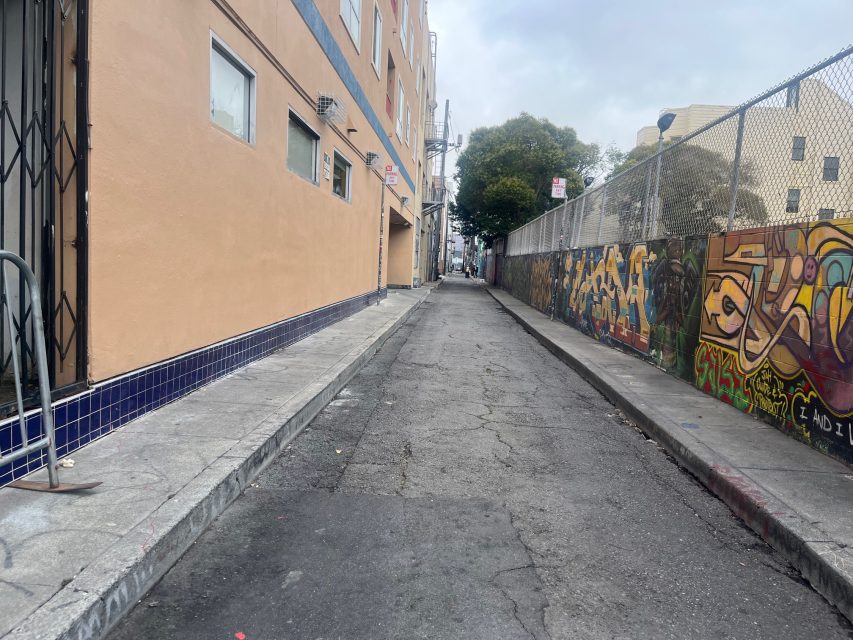 Narrow urban alley with graffiti on Yvonne's right-side fence, beige building on the left, and cracked pavement under a cloudy sky.