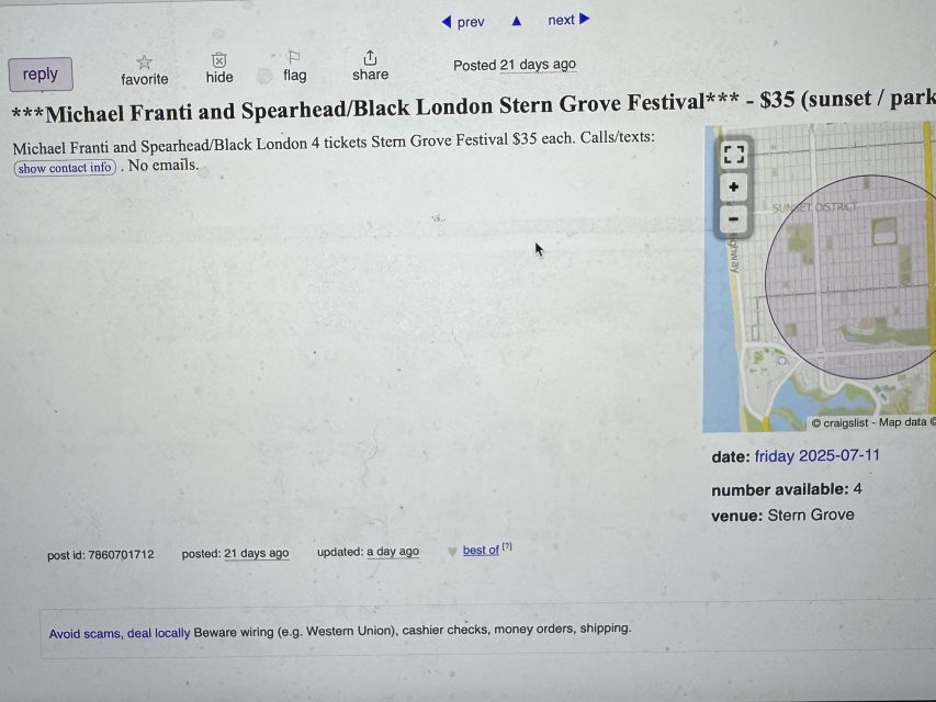Screenshot of a Craigslist post offering tickets to see Michael Franti and Spearhead at Stern Grove Festival for $35 each, with event details, a map, and seller information.