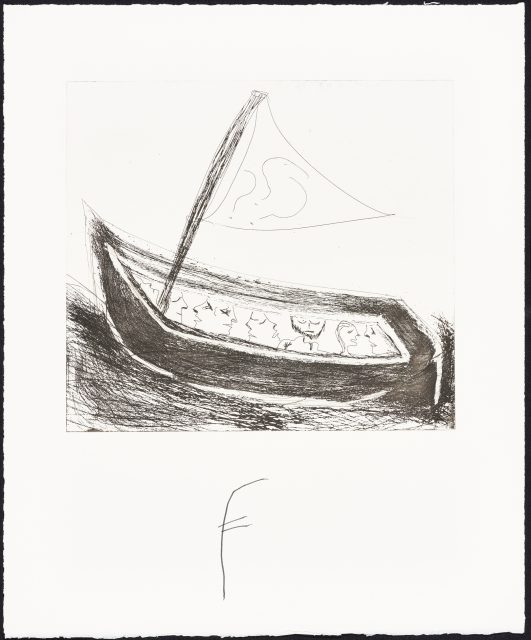 A black and white sketch of a boat with several abstract human figures inside and a sail marked with "25" on a white background, reminiscent of art found in museums. The letter "F" is written below the image.