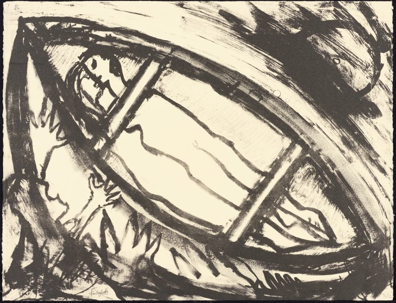 A black and white abstract drawing of a person lying in a boat, surrounded by bold, expressive lines and shapes—perfect for museums showcasing modern artistic expressions.