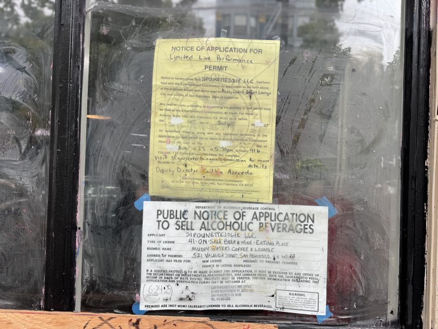 Two public notices taped to a window state applications for a live performance permit and a permit to sell alcoholic beverages at Spontinence LLC, 464 8th St, San Francisco.