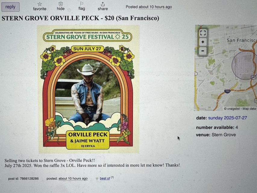 Screenshot of a Craigslist ad for Stern Grove Orville Peck tickets, featuring a festival poster with Orville Peck’s photo, the July 27 date, stern grove branding, and a map of San Francisco.