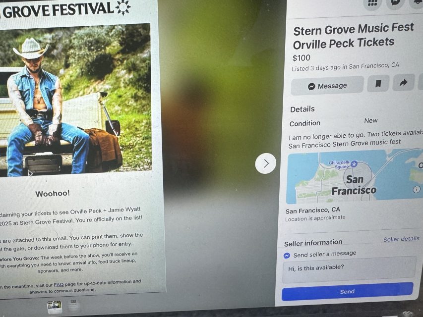 Screenshot of a Facebook Marketplace listing for Stern Grove Music Fest Orville Peck tickets, showing event details, price of $100, and a map of San Francisco, CA.