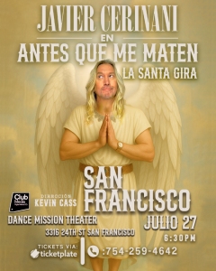 A man dressed as an angel with wings and a halo is featured on a promotional poster for a show in San Francisco on July 27 at Dance Mission Theater.