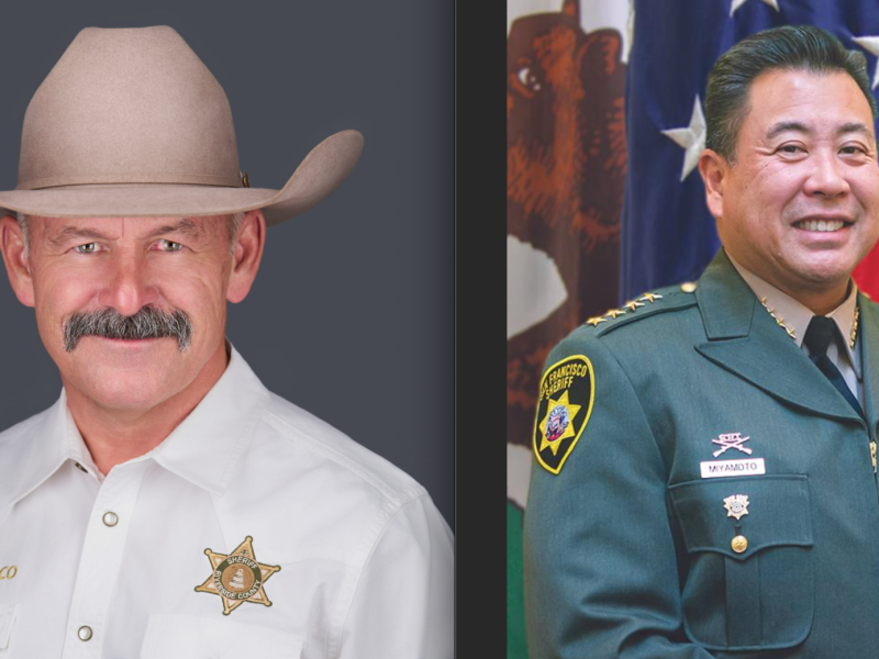 Two sheriffs in uniform, one in a white shirt and cowboy hat, the other in a green uniform with badges, stand against different backgrounds.