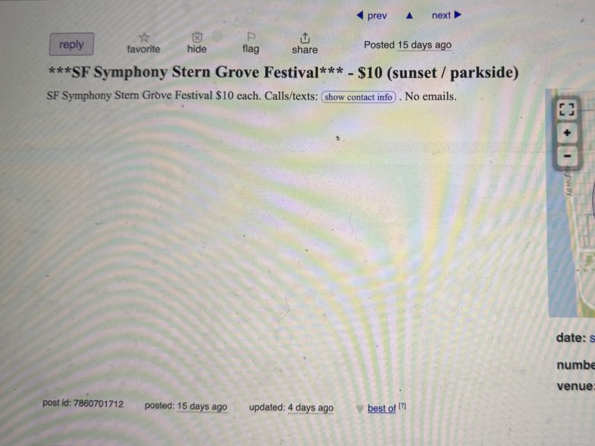 A Craigslist post advertising SF Symphony Stern Grove Festival tickets for $10, with options to call or text for more info; email is not accepted.