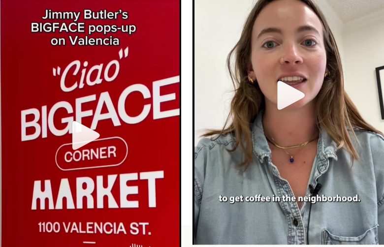 Split image: Left side shows a red sign for "BIGFACE Corner Market" at 1100 Valencia St.; right side shows a woman speaking, with subtitles about getting coffee in the neighborhood.