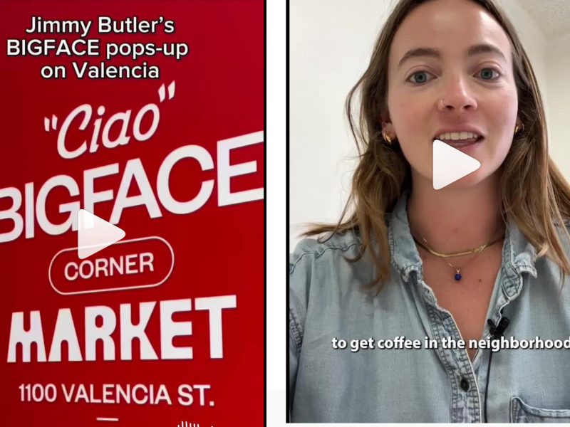 Split image: Left side shows a red sign for "BIGFACE Corner Market" at 1100 Valencia St.; right side shows a woman speaking, with subtitles about getting coffee in the neighborhood.