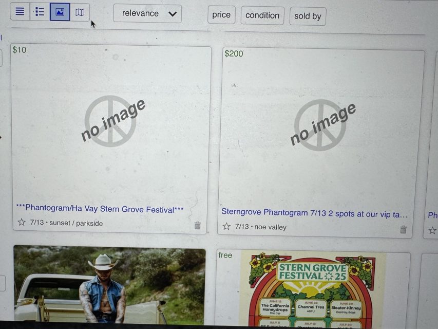 A computer screen displays online listings for Stern Grove Festival tickets, with two ticket options shown as "no image" placeholders and prices of $10 and $200.