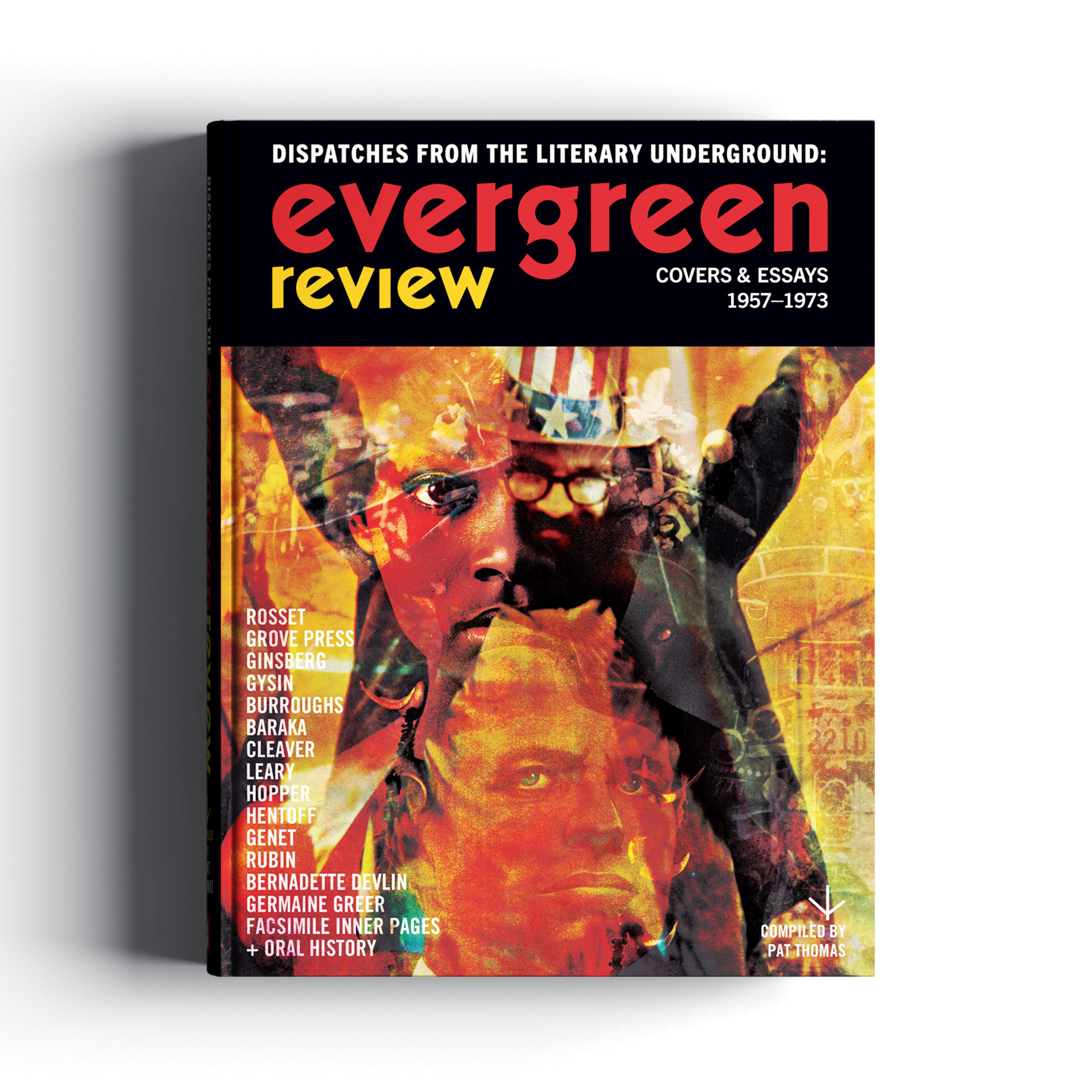 Cover of "Evergreen Review: Dispatches from the Literary Underground" featuring an abstract collage of faces and a list of contributing writers, spanning 1957–1973.