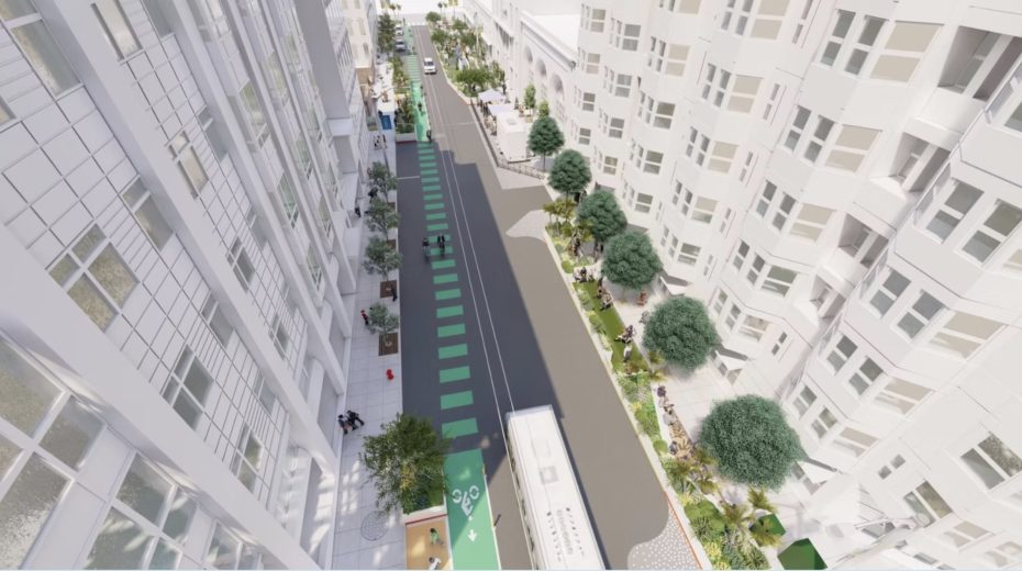 Aerial view of a city street with a dedicated green bike lane, a bus, pedestrians on sidewalks, and trees lining both sides of the road.