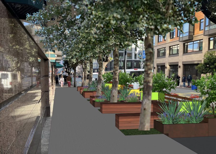 A city sidewalk with trees in wooden planters, green plants, and people walking in the distance next to modern buildings.