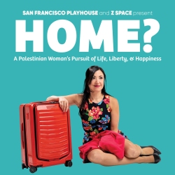 A woman in a floral dress sits on the floor beside a red suitcase against a teal background. Text above reads, "HOME? A Palestinian Woman’s Pursuit of Life, Liberty, & Happiness.