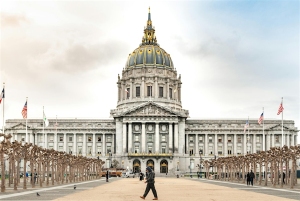 A person walks in front of a large domed building with columns, American flags, and leafless trees on both sides.