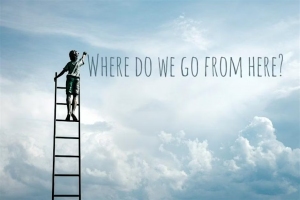 A person stands on a tall ladder reaching towards the sky, with the text "Where do we go from here?" written in the clouds.