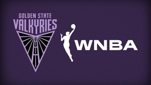 Golden State Valkyries logo and WNBA logo displayed side by side on a purple background.