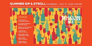 Event flyer for "Summer Sip & Stroll" on July 17, 5:30–7:30 PM, featuring drink icons and event details with a list of participating Mission, KS businesses.