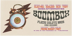 A vintage-style event flyer with an old-fashioned alarm clock and lightning bolt graphic, promoting a Boombox concert on August 1st in San Francisco.