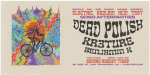 Poster for an event featuring a colorful, psychedelic illustration of a person riding a bicycle, with event details and band names listed on the right side.