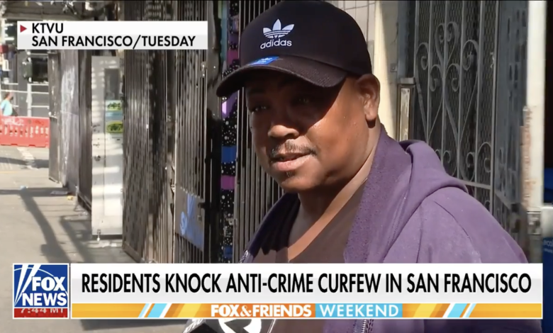 A man in a black Adidas cap speaks outdoors in San Francisco, shown in a Fox News segment discussing an anti-crime curfew.