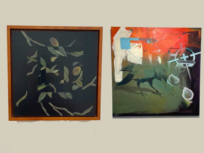 Two paintings hang side by side on a beige wall; the left features abstract leaves and branches, while the right depicts a dark bird with geometric and red abstract elements.