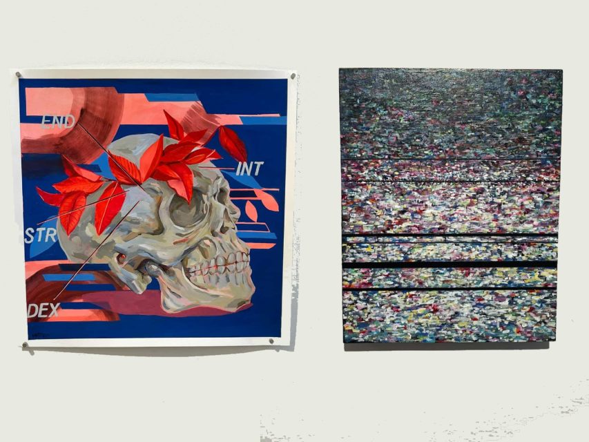 Two paintings hang on a white wall; the left depicts a skull with red leaves, and the right features an abstract, static-like pattern with horizontal black lines.