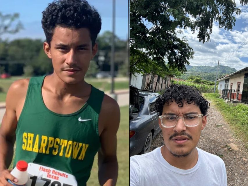 Side-by-side photos of a man: left, wearing a green "Sharpstown" tank top at a race; right, wearing glasses and standing outdoors on a rural road with cars and houses.