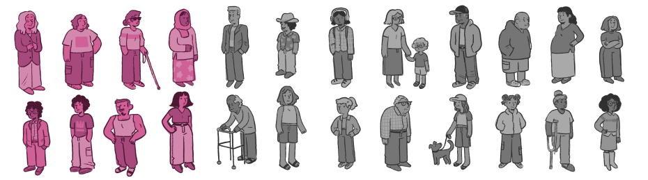 A group of illustrated people of various ages and genders stands in rows; six figures in the first row are highlighted in Mission Local’s signature pink, while the rest are shaded gray.