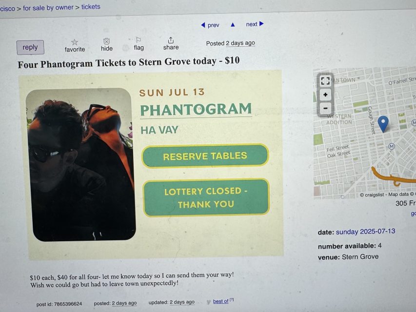 Screenshot of an online ad selling four Phantogram concert tickets for July 13 at Stern Grove, with a map and details about price and ticket availability.