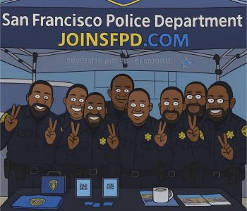 Cartoon illustration of eight smiling police officers posing with peace signs at a San Francisco Police Department recruitment booth.
