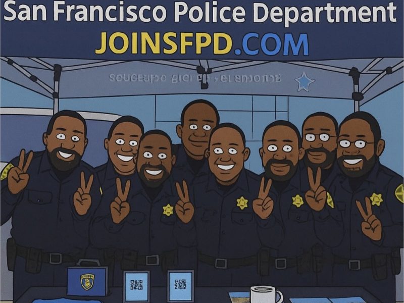 Cartoon illustration of eight smiling police officers posing with peace signs at a San Francisco Police Department recruitment booth.