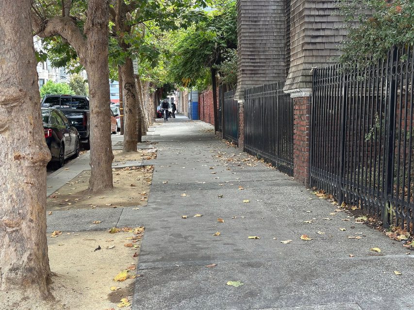 A city sidewalk lined with trees, parked cars on the left, and a tall wooden fence on the right. A few people walk in the distance. Dry leaves are scattered on the ground.