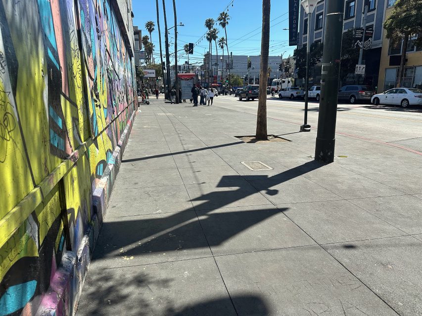A city sidewalk runs along a colorful graffiti-covered wall, with palm trees and cars lining the street under a clear blue sky.
