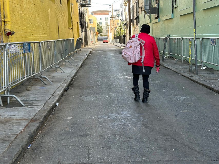 Person in a red jacket and black hat walks down an empty urban alley lined with metal barriers, carrying pink bags.