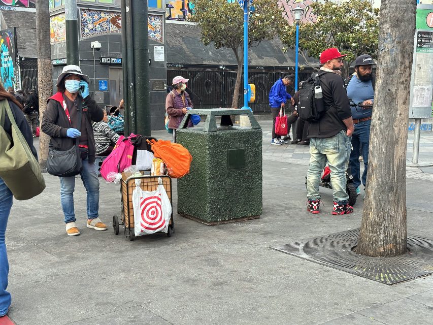 A woman with a cart full of bags stands near a trash can, while several people talk and walk nearby on a city street.