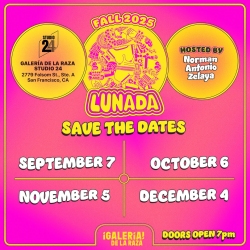 Promotional flyer for Lunada Fall 2023 event series with dates: September 7, October 6, November 5, December 4, hosted by Norman Antonio Zelaya. Doors open at 7pm.