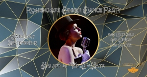 Promotional poster for “Polaris 2018 Dinner Dance Party” featuring a woman in a top hat singing into a vintage microphone, with event details on a geometric background.