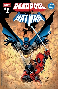 Comic book cover featuring Batman flying above Deadpool, who is wielding two swords. The title shows "Deadpool Batman" with Marvel and DC logos.