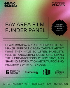 Promotional flyer for a virtual Bay Area Film Funder Panel on Monday, September 18, featuring information for filmmakers about funding and upcoming programs.