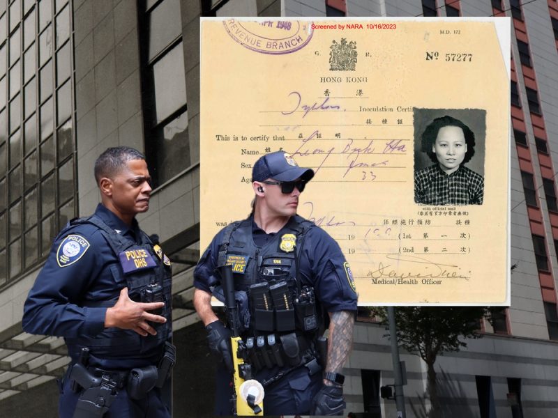 Two uniformed police officers stand in front of a building, with a vintage Hong Kong immigration document and a black-and-white portrait of a child overlaid above them.