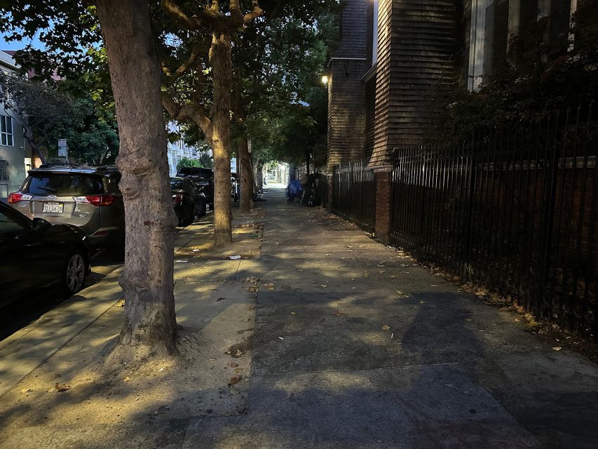 A dimly lit sidewalk lined with trees, parked cars on the left, and a building with a metal fence on the right, photographed at dusk.