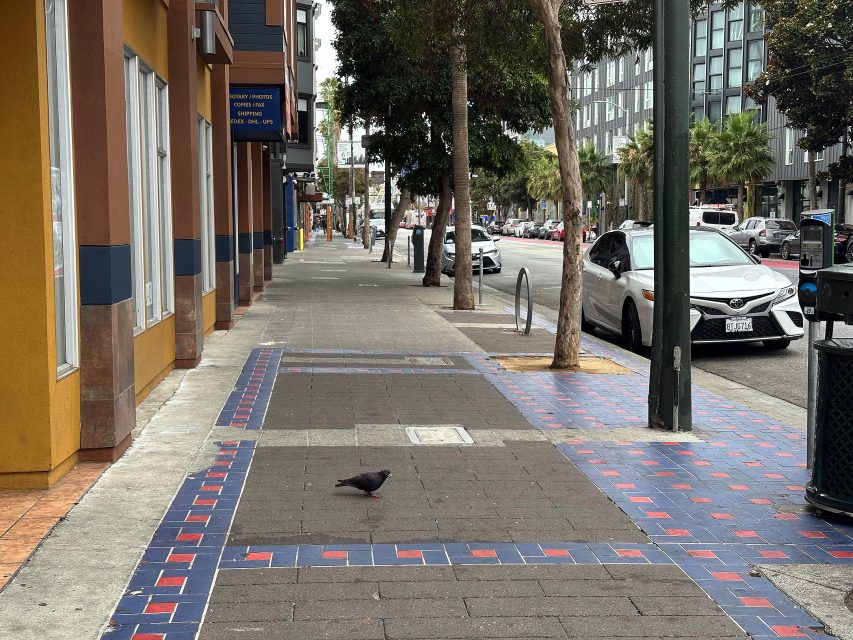 A pigeon walks on a tiled sidewalk next to a street lined with parked cars, trees, and buildings on a cloudy day.