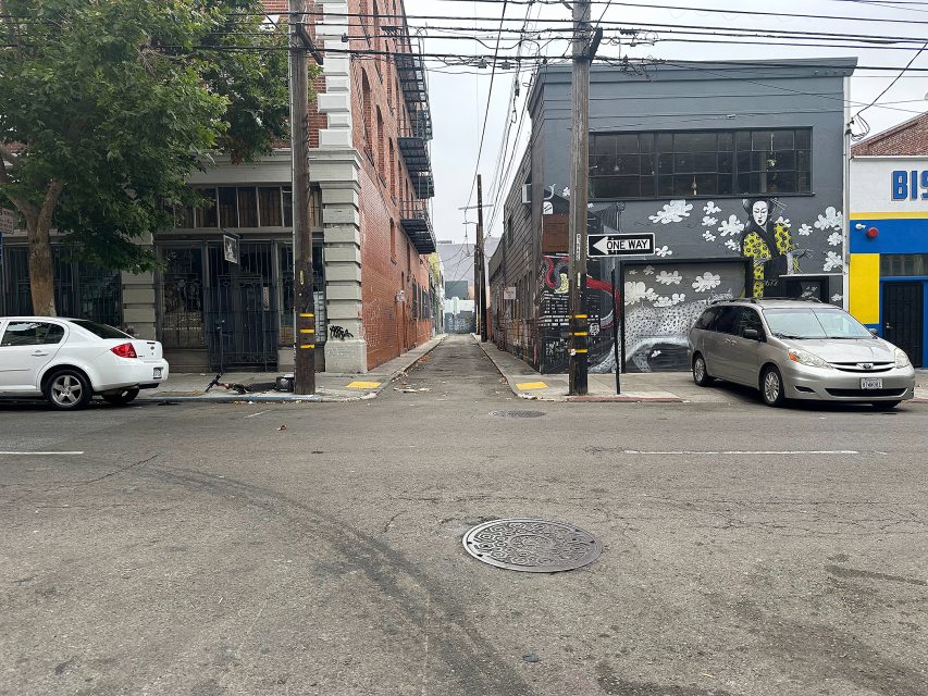 Narrow alleyway between two buildings, street art mural on the right, two parked cars, and a one way street sign visible.