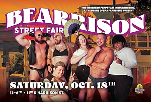 A group of people in costumes pose together under a sign reading "Bearrison Street Fair, Saturday, Oct. 18th, 12–6PM, 11th & Harrison St.