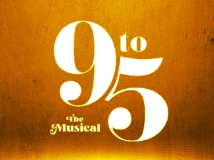 The image shows the text “9 to 5 The Musical” in large white letters on a textured golden yellow background.